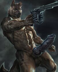 abs animal_genitalia animal_penis anthro balls biceps big_balls big_penis biped black_penis brown_body brown_fur canid canine canine_penis canis detailed digital_media_(artwork) digital_painting_(artwork) erection fur genitals gun handgun hi_res holding_gun holding_object holding_weapon huge_cock humanoid_genitalia humanoid_penis hybrid_genitalia hybrid_penis knot knotted_humanoid_penis male male_only mammal muscular muscular_anthro muscular_male navel nipples notched_ear nude pecs penis pinup pose ranged_weapon realistic revolver scar solo thebigslick vein veiny_penis weapon wolf