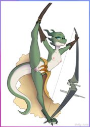 2021 anthro areola blue_eyes blush bow_(weapon) breasts butt_from_the_front clothing evilymasterful eyebrows eyelashes female flexible genitals gloves green_body green_scales green_sclera handwear horn kobold looking_at_viewer navel nipples one_leg_up pussy raised_leg ranged_weapon scales scalie small_breasts solo splits spread_legs spreading standing vertical_splits weapon white_body white_scales