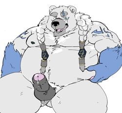 2021 anthro balls belly black_nose erection fuddyblog genitals hi_res humanoid_genitalia humanoid_hands humanoid_penis kemono league_of_legends male mammal moobs nipples overweight overweight_male penis polar_bear riot_games scar simple_background solo solo_male ursid ursine video_games volibear white_background white_body