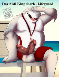 anthro balls beach bottomwear camsan_r_s clothing dc_comics diphallia diphallism english_text fish hi_res king_shark lifeguard lifeguard_tower male male/male marine multi_penis overweight overweight_male penis seaside shark shorts slightly_chubby solo swimming_trunks swimwear text