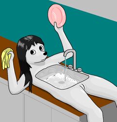 alternate_version_at_source animate_inanimate anthro black_hair canid canine canis daleport996 digital_media_(artwork) domestic_dog female genitals hair holding_object kitchen kitchen_sink long_hair lying mammal nude on_back on_counter pussy sinkdog solo white_body