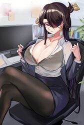 1girls 2021 beidou_(genshin_impact) black_bra bra breasts brown_hair business_woman cleavage earrings eyepatch female female_only genshin_impact hair_ornament hi_res huge_breasts indoors long_hair looking_at_viewer loooyd office office_lady open_shirt pantyhose red_eyes sitting skirt suit tight_clothing tight_fit white_shirt