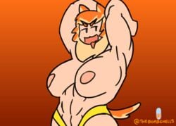 abs animated anthro armpits big_breasts bouncing_breasts breasts canid canine clothing felicia_(krekk0v) female mammal mane muscular muscular_female open_mouth panties pelvic_thrust short_playtime small_tail solo sweat_droplets thebombshell5 underwear yellow_panties