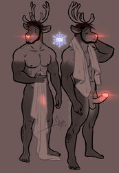 anthro antlers balls beard bgn capreoline cervid duo erection facial_hair genitals glowing glowing_genitalia glowing_penis hi_res horn humor male male/male mammal penis reindeer rudolph_the_red_nosed_reindeer smile towel