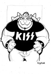 bottomwear bowser bulge clothing cryptusk genital_outline hi_res horn koopa looking_at_viewer male male_only mario_(series) monochrome nintendo pants penis penis_outline scalie shell shirt simple_background smile solo spikes topwear video_games white_background