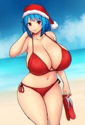 1girls arm_up bare_shoulders beach belly belly_button bikini bikini_bottom bikini_top blue_hair blue_sky breasts bursting_breasts busty christmas christmas_hat cleavage cloud clouds cloudy_sky collarbone cowboy_shot curvaceous curvy_body curvy_female curvy_hips daylight daytime enormous_breasts errorkazoo eye_contact eyebrows_visible_through_hair facing_viewer feet_out_of_frame female female_focus female_only hand_behind_head hat hi_res high_resolution highres holding holding_footwear horizon hourglass_figure huge_breasts looking_at_viewer massive_breasts navel original original_character out_of_frame outdoors red_bikini red_bikini_bottom red_bikini_top red_eyes red_footwear red_swimsuit rina_atherina_(errorkazoo) sand santa_hat short_hair side-tie_bikini side_tie_bikini sky slippers smile smiling_at_viewer solo swimsuit swimsuit_bottom swimsuit_top thick_thighs top_heavy top_heavy_breasts