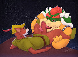 anthro armband bara bottomless bowser canid canine clothed clothing cowardlion disney duo erection fellatio footwear fox gay genitals hands_on_thighs hat headgear headwear horn koopa licking long_tongue male male/male male_only mammal mario_(series) nintendo oral penile penis penis_lick rim_light robin_hood robin_hood_(disney) scalie sex shoes spiked_armband spikes tongue tongue_out video_games