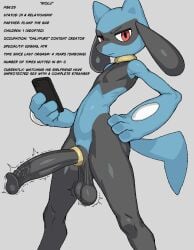 annoyed anthro balls big_balls big_butt big_penis black_balls black_penis butt cock_ring cuckold digital_drawing_(artwork) digital_media_(artwork) edging femboy generation_4_pokemon hand_on_hip holding_phone holding_smartphone huge_ass huge_penis humanoid_penis long_term_chastity low_hanging_balls male male_only motion_lines ntr orgasm_denial penis permanent_orgasm_denial pokemon pokemon_(species) pokemon_dppt red_eyes riolu sagging_balls saggy_balls simple_background skinny skinny_male smartphone standing tail thin_waist throbbing_penis