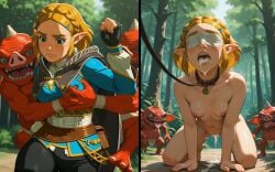 1girl after_sex ai_generated bad_end blindfold blush captured captured_heroine closed_mouth collar cum_in_mouth defeated_heroine embarrassed fighting forest frown grabbing groping kneeling leash multiple_boys multiple_others nude princess_zelda red_bokoblin slave small_breasts the_legend_of_zelda the_legend_of_zelda:_tears_of_the_kingdom torn_clothes vilerune zelda_(tears_of_the_kingdom)