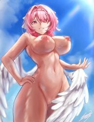 1girl absurdres blue_sky breasts commentary completely_nude day english_commentary feathered_wings hair_intakes hand_on_own_hip highres kentazeta4517 large_breasts looking_at_viewer medium_hair navel nipples nude outdoors pink_hair purple_eyes pussy remielle_dan sky smile solo white_wings wings zenless_zone_zero