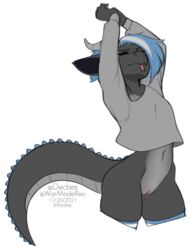 2021 alpha_channel anthro belly blue_hair bottomless closed_eyes clothed clothing digital_media_(artwork) dragon female fingers forked_tongue genitals grey_belly grey_body grey_scales hair hi_res horn kittydee legwear navel partially_clothed pussy scales scalie shirt simple_background skindentation smile solo squish stretching tail thick_tail thick_thighs thigh_highs thigh_squish tongue tongue_out topwear transparent_background wingless_dragon