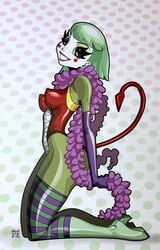 batty_boop black_eyes blush clown clown_girl clown_makeup clown_paint dan_mendoza devil_tail dollman edit edited feather_boa gloves green_hair looking_at_viewer nipples platform_footwear platform_heels tagme white_skin