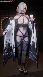 3d 3d_(artwork) 3d_model 3d_render bdsm breasts kimono ninja_gaiden rope rope_bondage semi_nude seori_(ninja_gaiden) shaddoll_x solo_female solo_focus white_hair