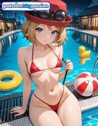 1girls 2026 ai_assisted ai_generated anime ball beachball bikini blue_eyes boobs breasts building bust city city_lights cityscape eyewear_on_head eyewear_on_headwear goggles hat hi_res high_quality high_resolution highres navel patreon patreon_username pokemon pool pool_ladder red_bikini rubber_duck serena_(pokemon) skypassion smile stable_diffusion sunglasses swimsuit tits water watermark