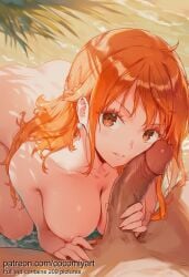 1boy 1girl 2026 ai_generated all_fours ass beach blush braid breasts cocomiyart collarbone completely_nude dark-skinned_male dark_skin day earrings erection handjob hetero highres interracial jewelry kneeling large_breasts long_hair looking_at_viewer nami_(one_piece) nipples nsfw nude ocean one_piece orange_eyes orange_hair outdoors palm_leaf parted_lips partially_submerged pearl_earrings penis penis_grab penis_on_face pov sand smile solo_focus uncensored water wet