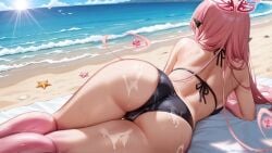 1girl 1girls absurdres arthropod_girl ass ass_focus back beach bikini black_bikini butterfly_girl butterfly_wings commentary cum cum_on_ass cum_on_body cum_on_legs english_commentary female from_behind head_wings highres huge_ass indie_virtual_youtuber insect_wings legs long_hair outdoors pheromoan_(vtuber) pink_wings pointy_ears sand solo sun sweat swimsuit thick_thighs thighs virtual_youtuber viviria water wet wings