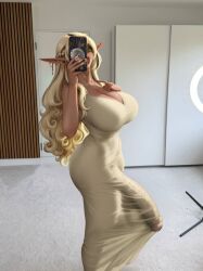 ai_generated balls big_balls big_breasts big_bulge big_penis blush bulge color dress elf_ears futa_only futanari hi_res huge_cock hydraulicmatingpress large_breasts light_skin looking_at_viewer massive_penis selfie solo solo_futa standing thighs trend