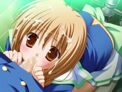 1boy 1girl back_bow bent_over blue_jacket bow braid brown_eyes brown_hair buttons censored clover_point cum cum_in_mouth cum_on_body cum_on_hair double-breasted facial fellatio from_above game_asset green_bow hand_on_another's_leg hands_up head_back hinata_miori jacket long_hair miniskirt mosaic_censoring non-web_source official_art on_toilet oral penis pleated_skirt sailor_collar school_uniform skirt striped_clothes sweater tail twin_braids white_sailor_collar white_skirt yuyi