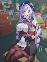 1girl absurdres ahoge arms_behind_back aroused ball_gag bdsm bedroom blush bondage bound bound_arms bound_legs bound_thighs bound_torso bow breast_bondage breasts bt_(artist) chair dress drill_hair femsub frills gag gagged gagged_female heart highres large_breasts long_hair long_sleeves looking_at_viewer mole mole_under_eye on_chair pantyhose pointy_ears purple_hair red_eyes red_rope restrained rope screenshot_background shibari shibari_over_clothes short_dress solo spoken_heart tape tape_gag tied_to_chair very_long_hair vivian_banshee zenless_zone_zero