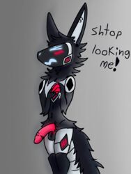 3:4 absurdres anonymous_artist anthro asking_to_stop embarrassed furry genitals glowing glowing_eyes glowing_genitalia highres machine male penis presenting protogen red_penis robot shy simple_background solo text translated