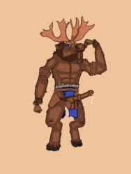 2d 3:4 animal_genitalia animal_penis antlers balls beard blue_eyes bodily_fluids bottomwear brown_body brown_fur capreoline cariblin_(pine) cervid clothing cum cum_drip dripping equine_penis eyebrows facial_hair fist flexing fur fur_tuft genital_fluids genitals hi_res hooves horn inner_ear_fluff leather loincloth looking_at_viewer loose_noose male mammal medial_ring moose muscular penis pine_(video_game) pixel_art rope sheath smile solo solo_focus standing tuft urethra