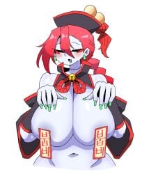 1girl aerolae arm_out big_breasts breasts_out female_focus female_only green_fingernails jiangshi_(mannungei) mannungei red_hair revealing stitches talisman thick_thighs traditional_clothes
