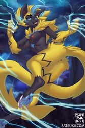 2021 2:3 5_fingers anthro anus areola ass blue_pawpads breasts claws digital_media_(artwork) electricity female finger_claws fingers genitals hi_res legendary_pokémon nintendo nipples nude open_mouth pawpads pokémon_(species) pokemon pussy satsukii solo text toe_claws url video_games zeraora