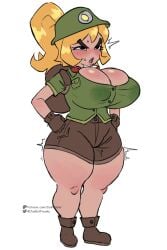 1girls big_eyebrows blonde_hair breast_expansion cute expansion explorer female female_only goombella growth humanized junfreaky mario_(series) paper_mario ponytail shorts shortstack small_breasts thick_thighs thighs tremble_spikes uniform wide_hips
