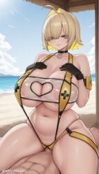1boy 1girl ahoge ai_generated bangs bare_shoulders beach bikini black_gloves blonde_hair breasts choker cleavage clothing_cutout collarbone cowgirl_position day elegg_(nikke) girl_on_top gloves goddess_of_victory:_nikke hair_over_one_eye hetero huge_breasts multicolored_hair navel nikke outdoors penis purple_eyes pussy sex short_hair sky smile solo_focus straddling swimsuit thighs two-tone_hair vaginal yellow_bikini