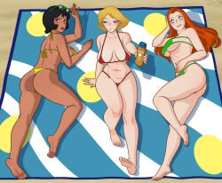 3girls alex_(totally_spies) annoyed anoneysnufftan awkward beach beach_towel bikini black_hair blonde_hair blue_eyes bottle clover_(totally_spies) coppertone dark-skinned_female dark_skin embarrassed eye_roll female female_only green_eyes lifting_sunglasses long_hair looking_aside looking_away lotion lotion_bottle mfuncen offering_self on_side one_arm_up orange_hair penalty_game reluctant sam_(totally_spies) sand short_hair summer sunbathing sunglasses sunglasses_on_head sunscreen swimsuit totally_spies towel trio viewed_from_above