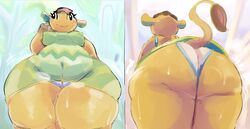 animal_crossing anthro ass big_breasts big_butt blush bodily_fluids breasts brown_hair clothed clothing curvy_figure elephant elephantid eloise_(animal_crossing) female genitals hair hi_res huge_butt kiseff leaning leaning_forward low-angle_view mammal multicolored_body nintendo nipple_outline panties proboscidean pussy rear_view slightly_chubby solo standing sweat thick_thighs tight_clothing two_tone_body underwear video_games voluptuous white_body wide_hips yellow_body