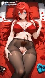 1girls 2026 ai_assisted ai_generated anime bed bed_sheet big_breasts boobs box bra breasts bust busty chocolate condom condom_wrapper flower gift gift_box heart-shaped_chocolate hi_res high_quality high_resolution high_school_dxd highres large_breasts laying_down long_hair looking_at_viewer lying lying_on_back on_back on_bed pantyhose patreon patreon_username petals pillow red_bra red_flower red_hair red_rose rias_gremory rose rose_petals skypassion smile stable_diffusion tits torn_clothes underwear valentine watermark white_rose