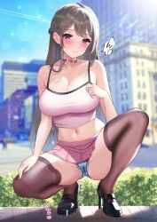 1girl absurdres black_hair black_shoes blue_panties blurry blurry_background blush braid breasts brown_thighhighs camisole cleavage closed_mouth collar commentary_request covered_nipples crop_top day depth_of_field full_body grass high_heels highres large_breasts lens_flare long_hair looking_at_viewer miniskirt navel original outdoors panties pantyshot pee pee_stain peeing peeing_self pink_camisole pink_skirt pleated_skirt purple_collar purple_eyes shoes skirt solo spread_legs squatting stomach studiopokotan swept_bangs thighhighs underwear very_long_hair