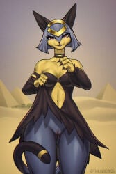 anthro big_butt butt choker claws clothed clothing desert dress egyptian_mythology felid feline female genitals hair hi_res jewelry mammal middle_eastern_mythology mythology necklace nude oasis pal_(species) palworld pocketpair presenting presenting_vulva pyramid raised_clothing raised_dress sekhmet_(pal) short_hair solo thalislixeon thick_thighs vulva wide_hips