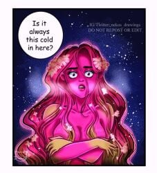 big_breasts breasts cold covering_breasts cute flower flower_in_hair green_hands long_hair lore_olympus nude nude_female nudity persephone_(lore_olympus) pink_hair pink_skin shivering wavy_hair
