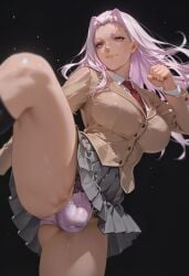 1futa 1futanari ai_generated ass balls black_background black_socks brown_footwear brown_jacket bulge closed_mouth collared_shirt curtained_hair curvy_body curvy_futa dickgirl futa_focus futanari grey_skirt hand_up himiko_(ikkitousen) huge_breasts ikkitousen jacket knee_up lavander_eyes lavander_hair lavander_panties leg_up lingerie lingerie_panties loafers long_hair long_sleeves necktie panties penis pleated_skirt purple_eyes purple_hair purple_panties red_necktie school_uniform schoolgirl schoolgirl_uniform sexy sexy_body sexy_female sexy_pose shemale shirt sidelocks simple_background skirt slicked_back_hair smile soft_shadows solo testicles thick_eyebrows thick_thighs too_sexy tranny volumetric_lighting white_shirt wide_hips