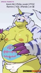 2021 9:16 animated anthro bandai_namco belly blush bodily_fluids bulge clothed clothing digimon digimon_(species) erection erection_under_clothing gabumon kemono male moobs nipples overweight overweight_male qqmelon888 short_playtime solo surprise sweat underwear