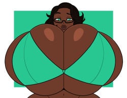 1girls black_hair bra breasts breasts_bigger_than_head captainxero dark-skinned_female dark_skin female forsakun gigantic_breasts glasses green_bra green_eyes hair huge_breasts hyper hyper_breasts lips looking_at_viewer massive_breasts original original_character thick_lips