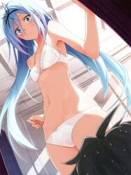 10s 1boy 1girls absurd_res ahoge bare_shoulders black_hair blue_eyes blue_hair blurry blush bow bow_bra bow_panties bra breasts ceiling cleavage clenched_hand closed_mouth cowboy_shot dutch_angle embarrassed flipped_hair from_below frown grey_hair hair_between_eyes hair_ribbon highres hip_bones hip_focus indoors kasuga_ayumu_(haruhipo) krulcifer_einfolk lace lace-trimmed_bra lace-trimmed_panties lace_trim long_hair looking_at_viewer lux_arcadia narrow_waist navel novel_illustration official_art out_of_frame panties photoshop_(medium) ribbon saijaku_muhai_no_bahamut scan small_breasts solo_focus standing stomach sweat textless_version underwear underwear_only very_long_hair white_bra white_panties
