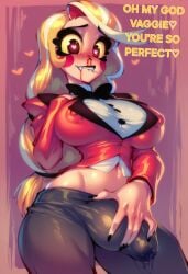 ai_generated big_breasts big_bulge big_penis biting_lip bleeding_nose blonde_hair blush bulge charlie_morningstar_(hazbin_hotel) clothed clothing futa_only futanari gigiti hazbin_hotel heart-shaped_pupils large_breasts light_skin long_hair looking_at_viewer nipple_bulge slim_waist solo solo_futa standing trogiai