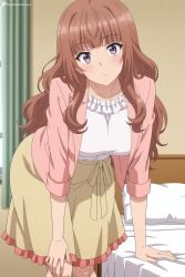1girl ai_generated akagawa_chisa bed blunt_bangs blush breasts brown_hair closed_mouth collarbone curtains digitalwaifugallery hi_res high_quality high_resolution indoors jacket large_breasts leaning_forward long_hair looking_at_viewer on_bed patreon pillow pink_cardigan pink_jacket purple_eyes seductive sexy shirt skirt solo uncensored watermark white_shirt