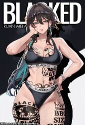1girl ai_generated anime artist:basicallynomore black_panties black_sports_bra blacked blacked_clothing female honkai:_star_rail looking_at_viewer pubic_tattoo qos qos_clothing qos_tattoo queen_of_spades queen_of_spades_symbol queen_of_spades_tattoo ruan_mei_(honkai:_star_rail) sportswear tattoo tattoos white_skin