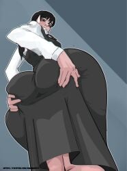1girls artist_name ass_bigger_than_head ass_in_dress big_ass big_butt black_eyes black_hair chainsaw_man clothing confused confused_look dumptruck_ass fat_ass fat_butt female female_only grabbing_own_ass grey_background hi_res huge_ass huge_butt long_hair mitaka_asa nimebooty pink_body simple_background skirt solo solo_female thick_ass thick_thighs watermark wide_hips