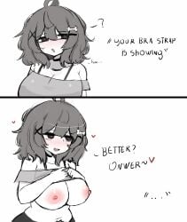 meme mizu_(yourmizuki) text your_bra_strap_is_showing_(meme) yourmizuki