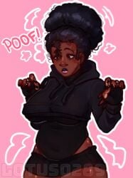 belly_bulge character:shrimb0 curly_hair dark-skinned_female dark_skin female fro hair_bun leotard lotus0289 plump shorts suggestive