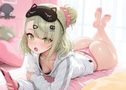 1girls :o absurdres ass asymmetrical_bangs bare_legs barefoot bed blush breasts commentary downblouse english_commentary eye_mask feet feet_up green_eyes green_hair hair_bun hair_ornament hair_tie hairclip heart high_resolution highres holding holding_phone hood hoodie indoors legs looking_at_viewer lying lying_on_bed lying_on_stomach mask mask_on_head multiple_hairclips no_bra no_pants on_bed on_stomach open_mouth panties phone pillow pink_panties sleep_mask small_breasts solo sunna_(zenless_zone_zero) thighs underwear weimiaw white_hoodie zenless_zone_zero