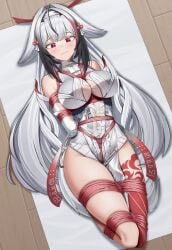 1girl absurdres animal_ears arms_behind_back bdsm blush bondage bound bound_arms bound_legs bound_thighs bound_torso bound_wrists breast_bondage breasts bt_(artist) china_dress chinese_clothes clothes_between_thighs crotch_rope dress droopy_ears embarrassed flirting_look fluffy_tail fox_ears fox_girl fox_tail hairband highres large_breasts long_hair red_eyes red_rope restrained rope rope_bondage shibari shibari_over_clothes smile smirk smirking solo struggling tail trembling very_long_hair voluptuous voluptuous_female white_fur white_hair ye_shunguang ye_shunguang_(enlightened_state) zenless_zone_zero