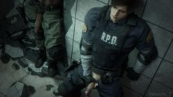 3d 3d_(artwork) big_penis blender carlos_oliveira clothed decchi_t distracted eyes_closed gay gay_sex leon_scott_kennedy male_only masturbation moaning mouth_open penis_through_fly resident_evil resident_evil_2_remake resident_evil_3_remake watching
