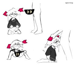 1boy 1girls aira_(offscript) arrow arthur_(offscript) artist_name blowjob blush cat censored glasses head_grab irrumatio kneehighs kneeling medium_hair monochrome multiple_views no_panties novelty_censor nude_male offscreen_male offscript oral penis presenting_pussy round_eyewear saliva_trail shorts side_view spread_legs strap-on sweater testicles white_hair