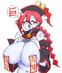 1girl aerolae big_breasts breasts_out female_focus female_only green_fingernails hat japanese_text jiangshi_(mannungei) mannungei playful red_hair revealing stitches talisman thick_thighs traditional_clothes